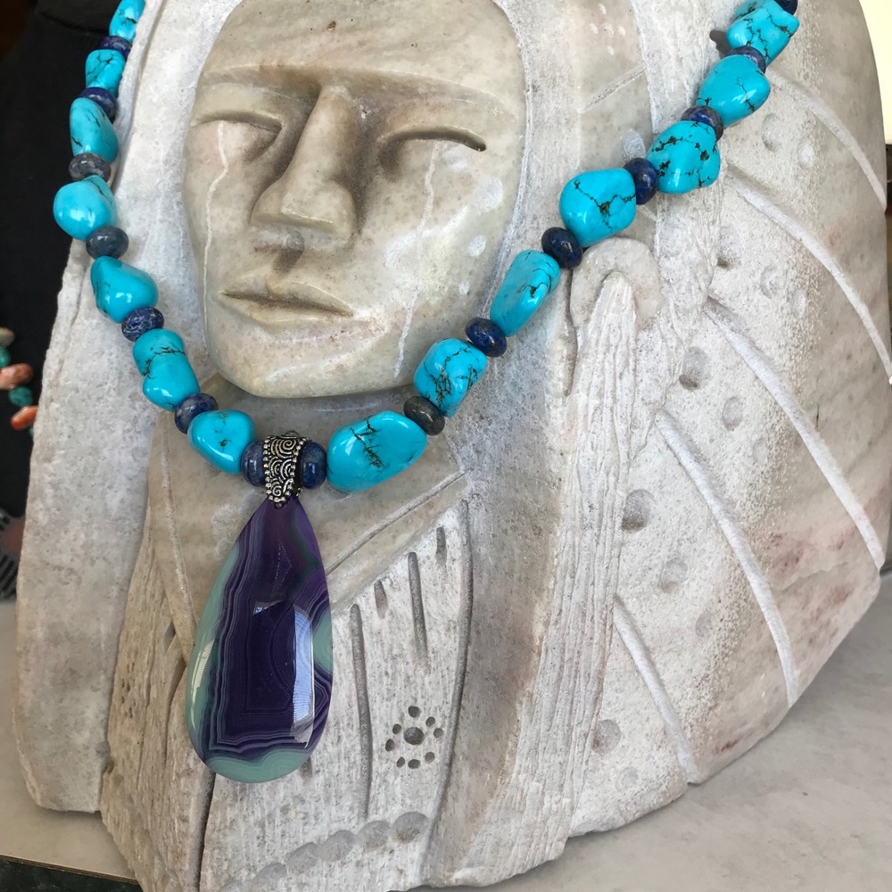 Chunky turquoise, lapis and agate necklace